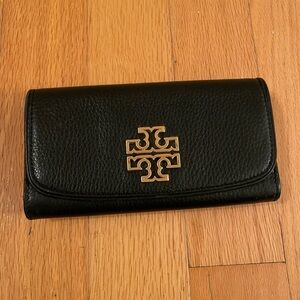 Tory Burch Black Leather Wallet with Gold Emblem